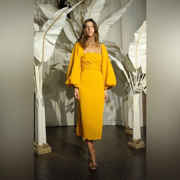 Johanna Ortiz Marigold Yellow Luna Miel Convertible Textured Crepe Midi Dress 8 - Picture 4 of 11